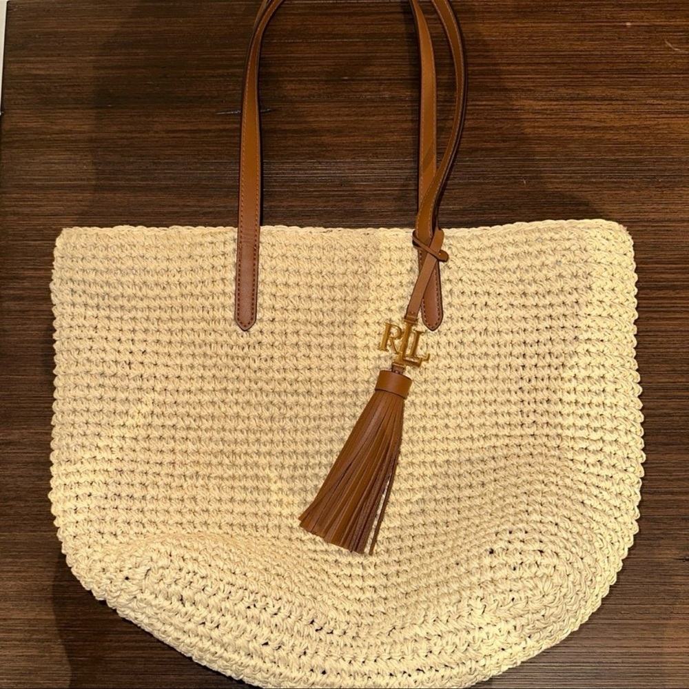 Ralph Lauren Cream and Tan Tote Bag with Leather Accents